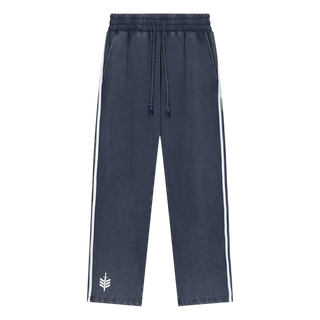 Navy blue pants with white stripes and a small logo on a white background
